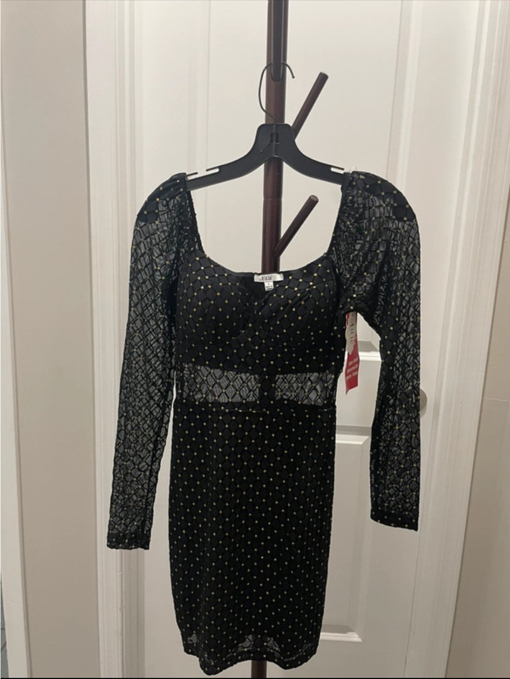 AUW Black Long Sleeve Mesh Dress with Gold Dot Accents